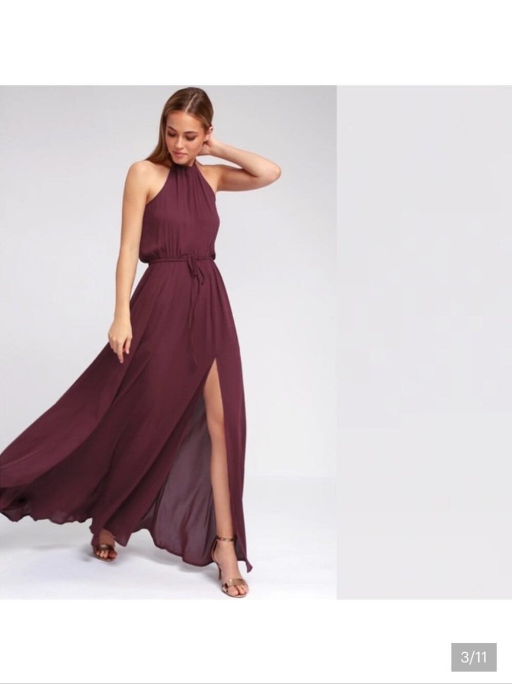 💘👑✨ Lulu's Plum Halter Maxi Gown with Side Slit And Tie Waist - Picture 2 of 9